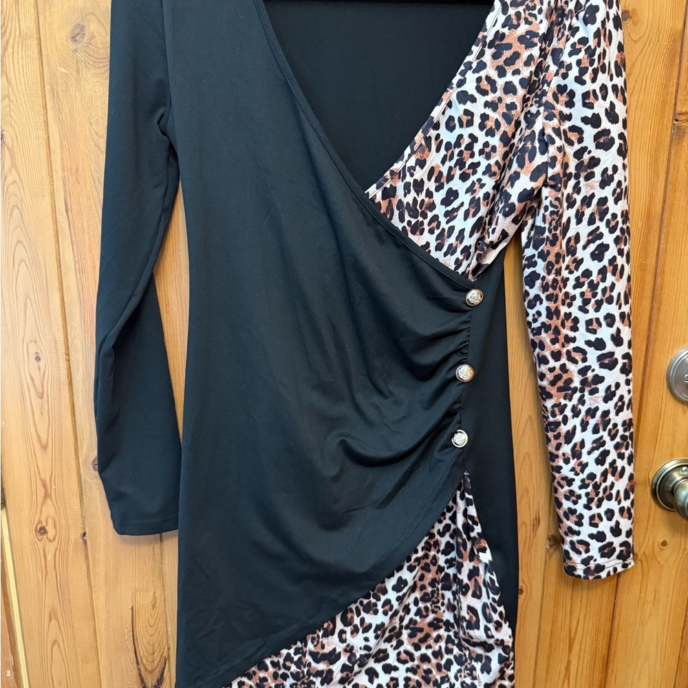 Black and Leopard Print Wrap Dress